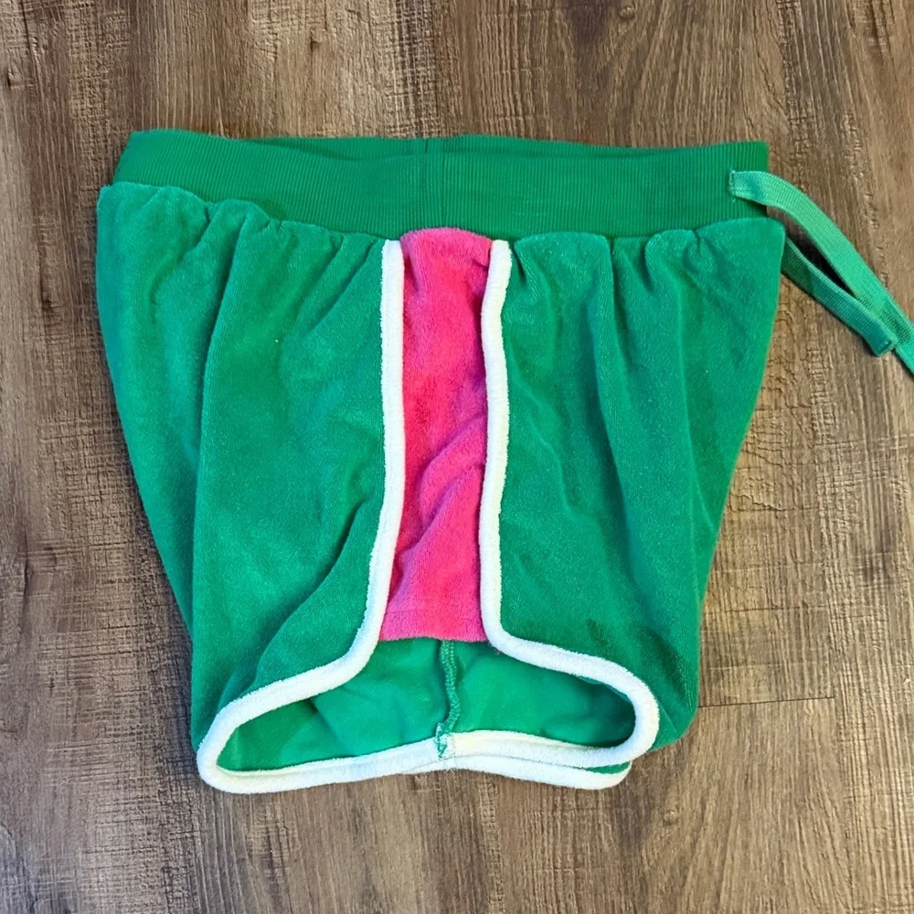 ZYIA Active Cabana Terry Cloth Shorts Green Pink Trim Drawstring Beach Size S
